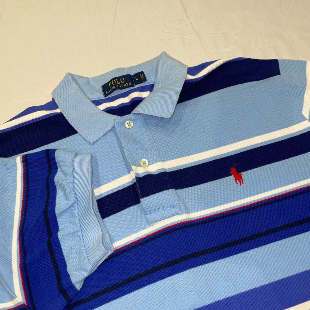 Polo Ralph Lauren Mens Large Blue Striped Short Sleeve Cotton Pique Polo Shirt